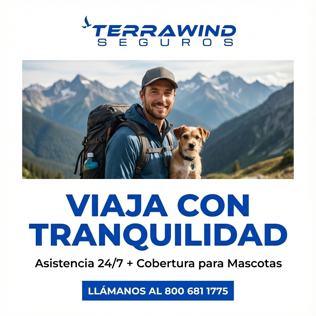 Seguro de viaje internacional Terrawind con asistencia 24/7 y cobertura para mascotas